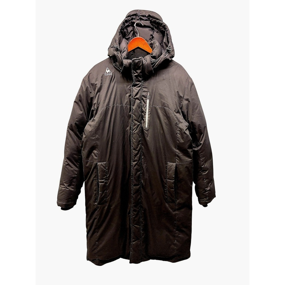 Le Coq Sportif Goose Down Puffer Parka Coat Mens L Black Long Hooded Winter